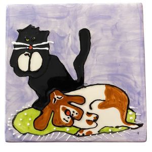 VTG Debby Carman “Paws To Pause” Hand Painted Ceramic Tile Trivet Wall Hanging